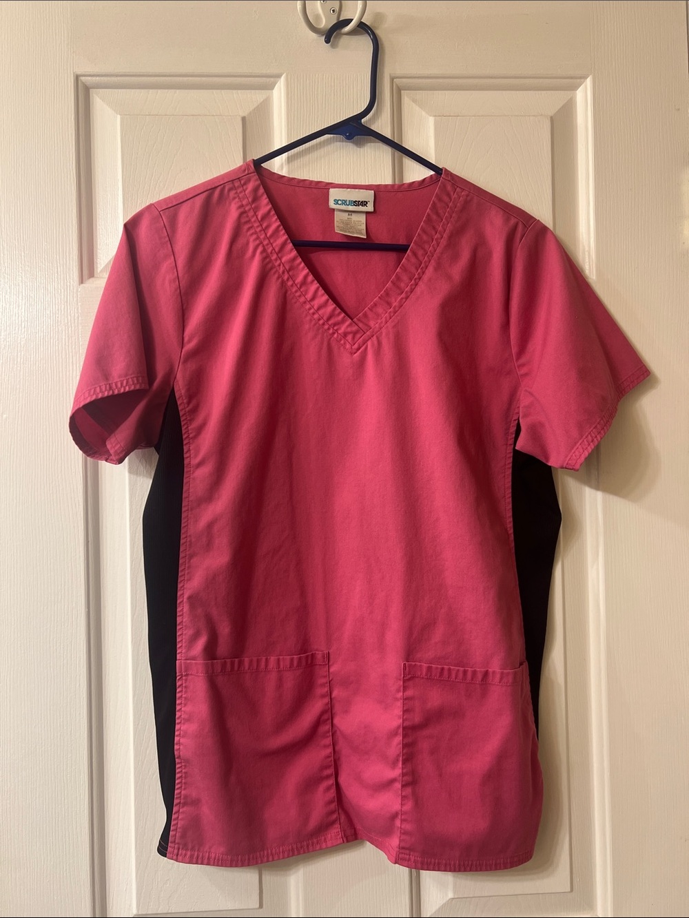 Scrubstar V‑Neck Medical Scrub Top in Hot Pink with Black Side Panels